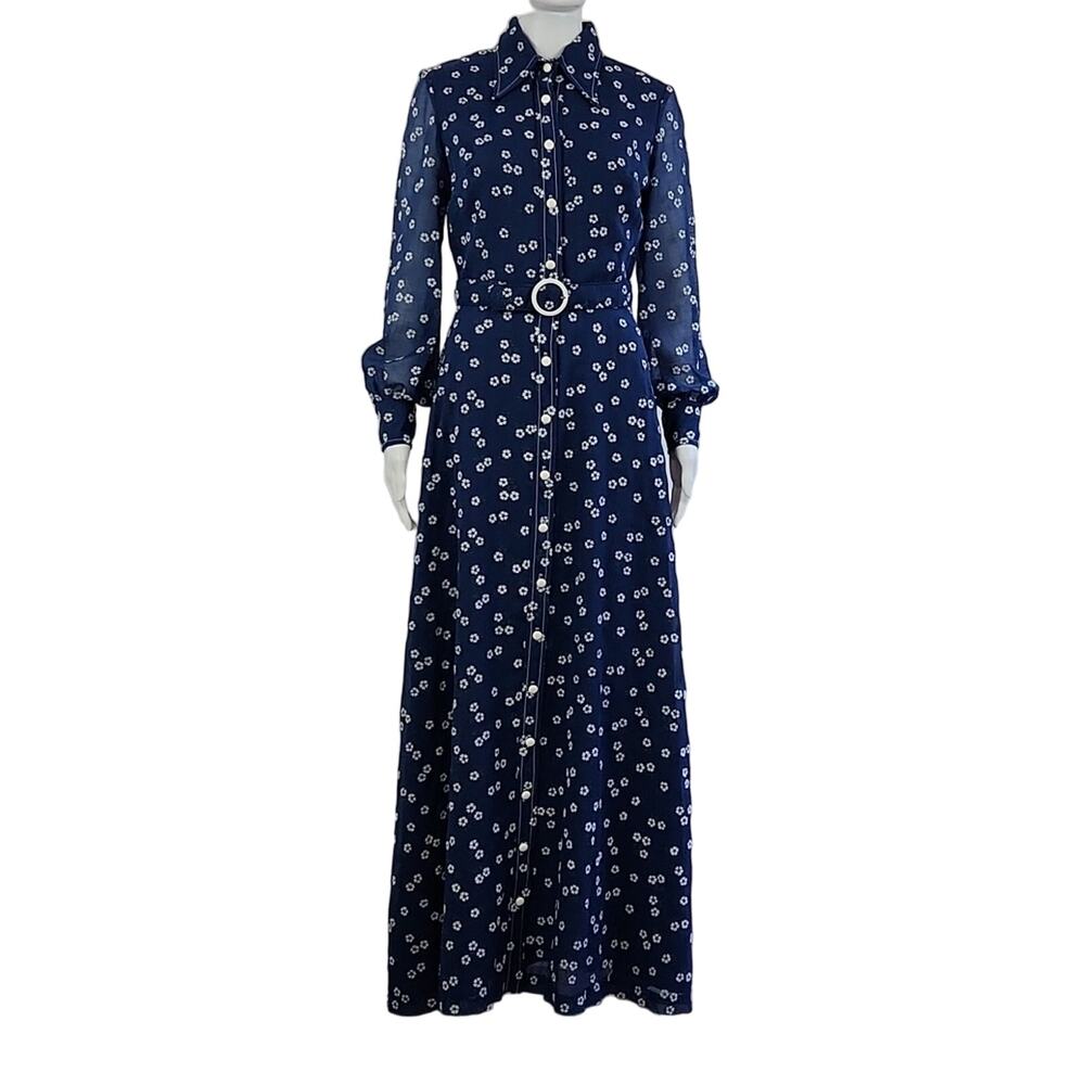 Navy Floral Button-Front Maxi Dress with Belt